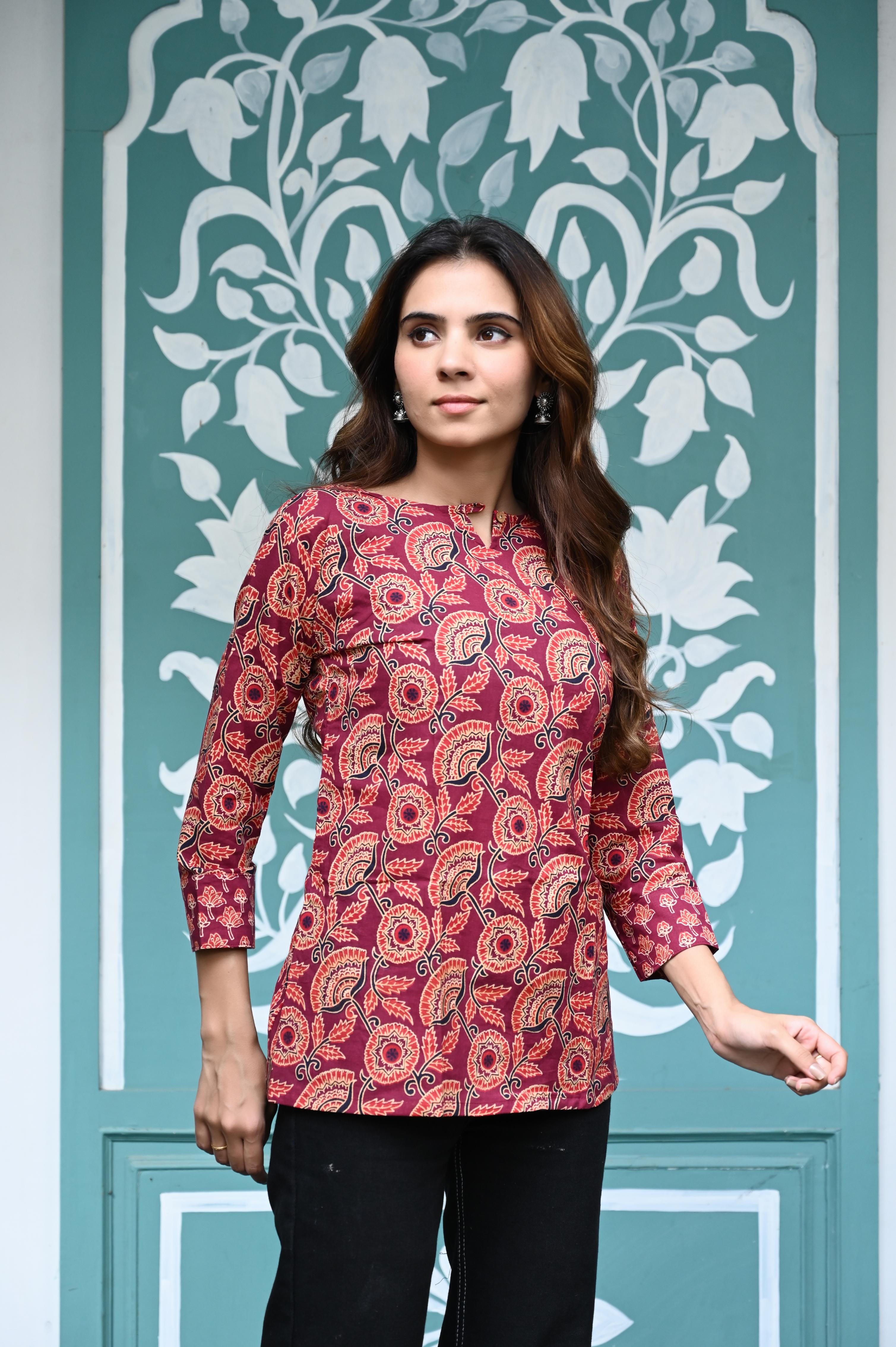 Maroon Hand-Block Kalamkari Floral Print Cotton Short Kurti Top