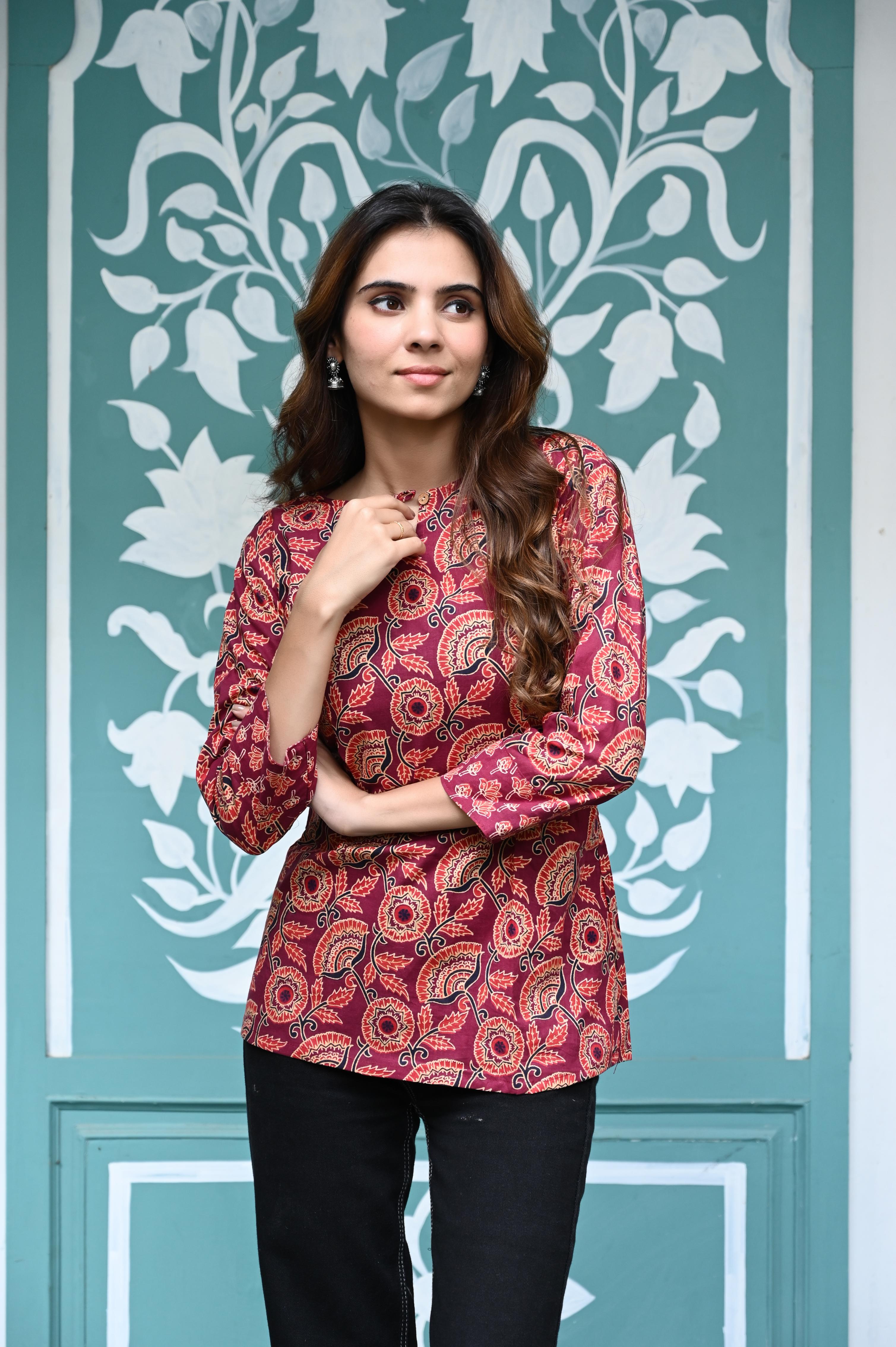 Maroon Hand-Block Kalamkari Floral Print Cotton Short Kurti Top