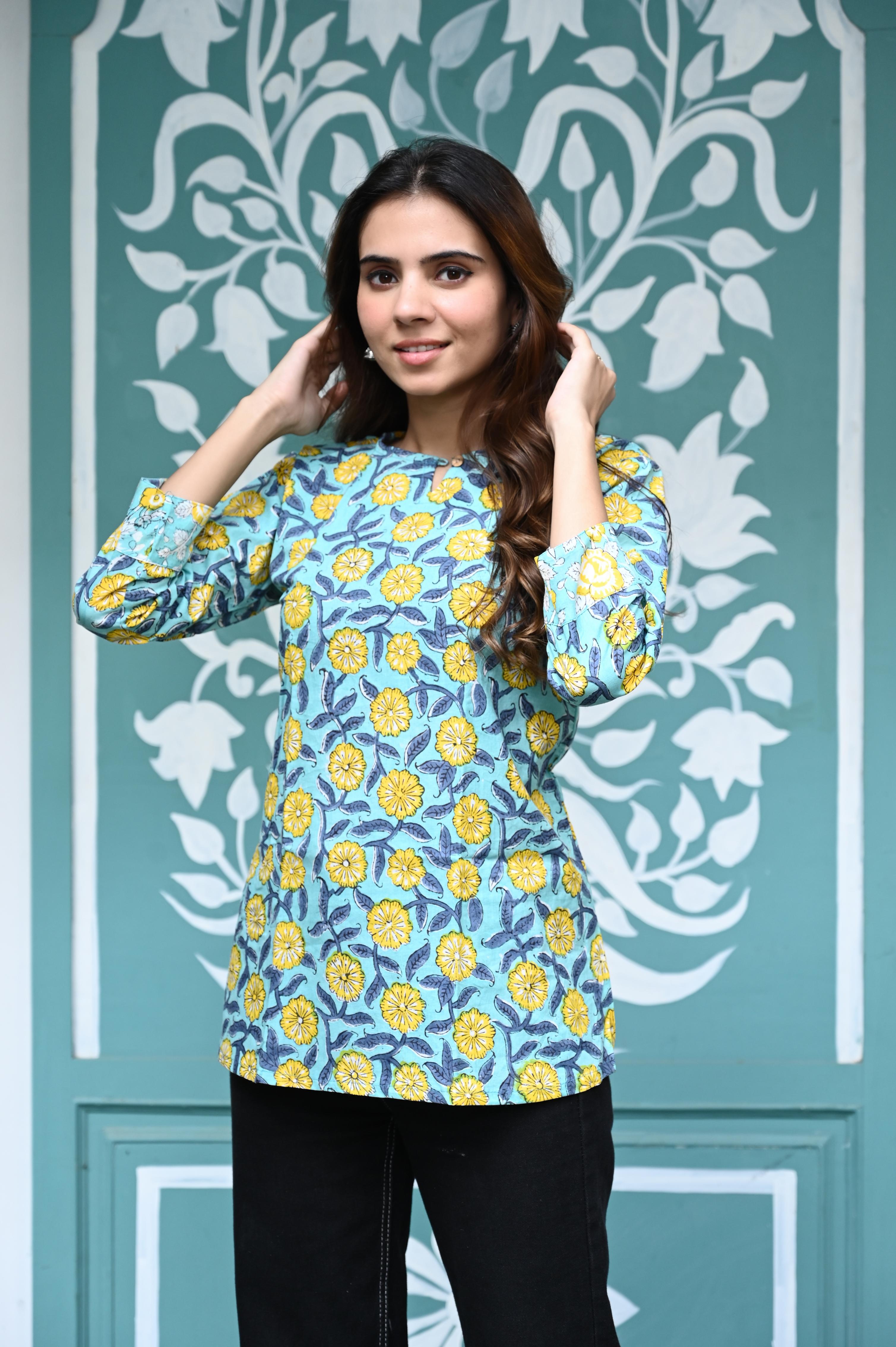 Blue Hand-Block Floral Jaal Cotton Short Kurti Top