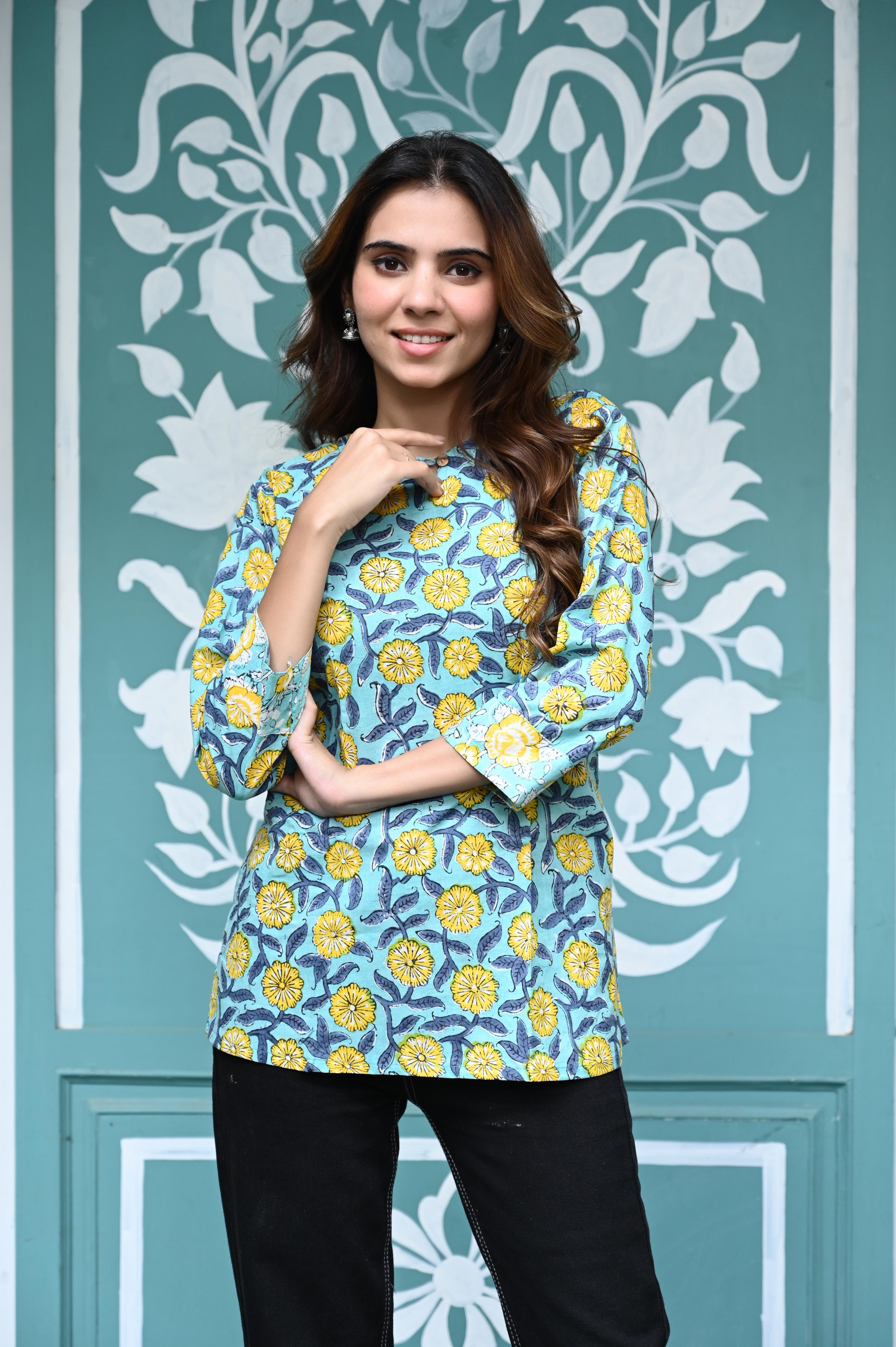 Blue Hand-Block Floral Jaal Cotton Short Kurti Top