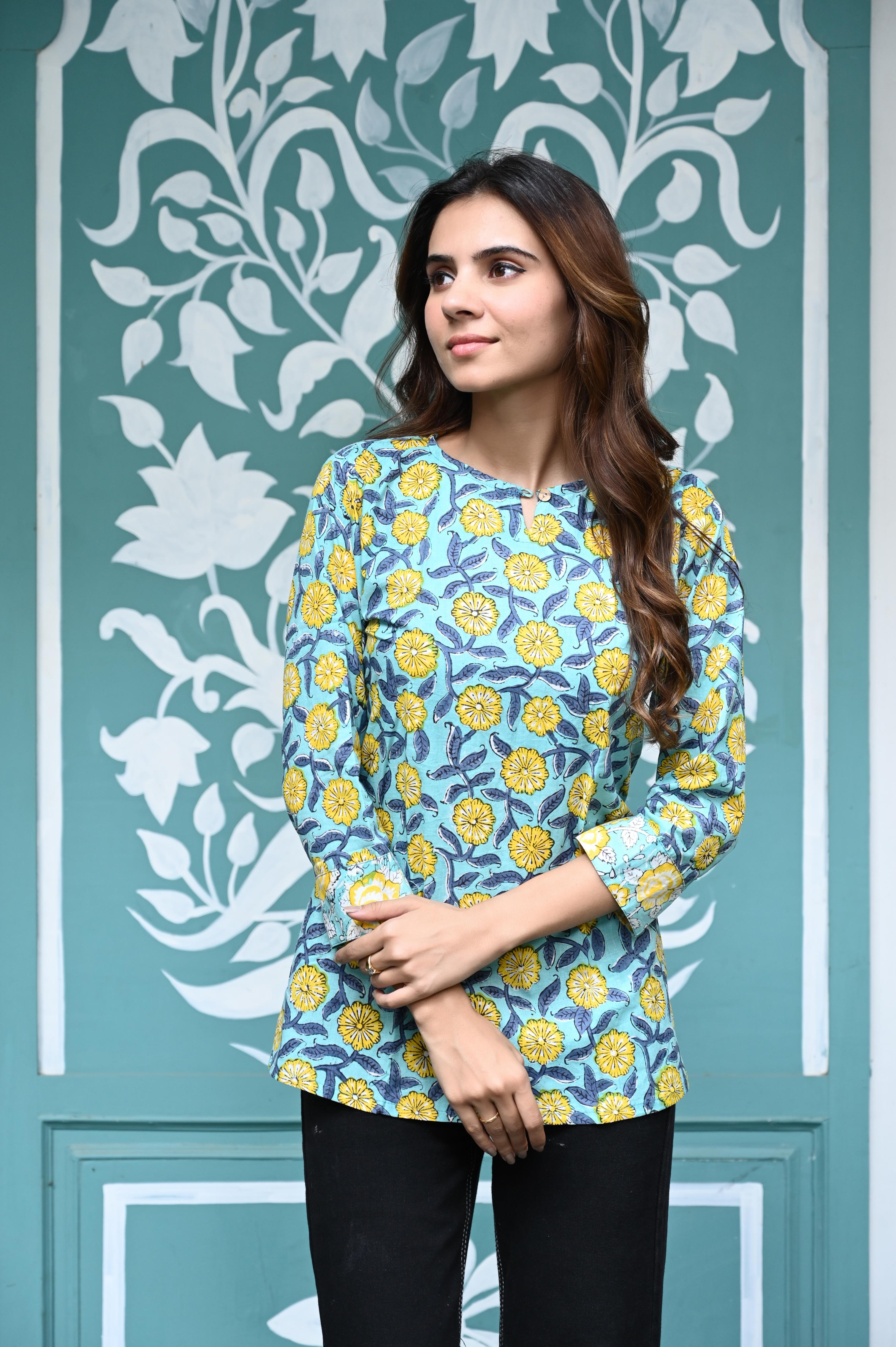 Blue Hand-Block Floral Jaal Cotton Short Kurti Top