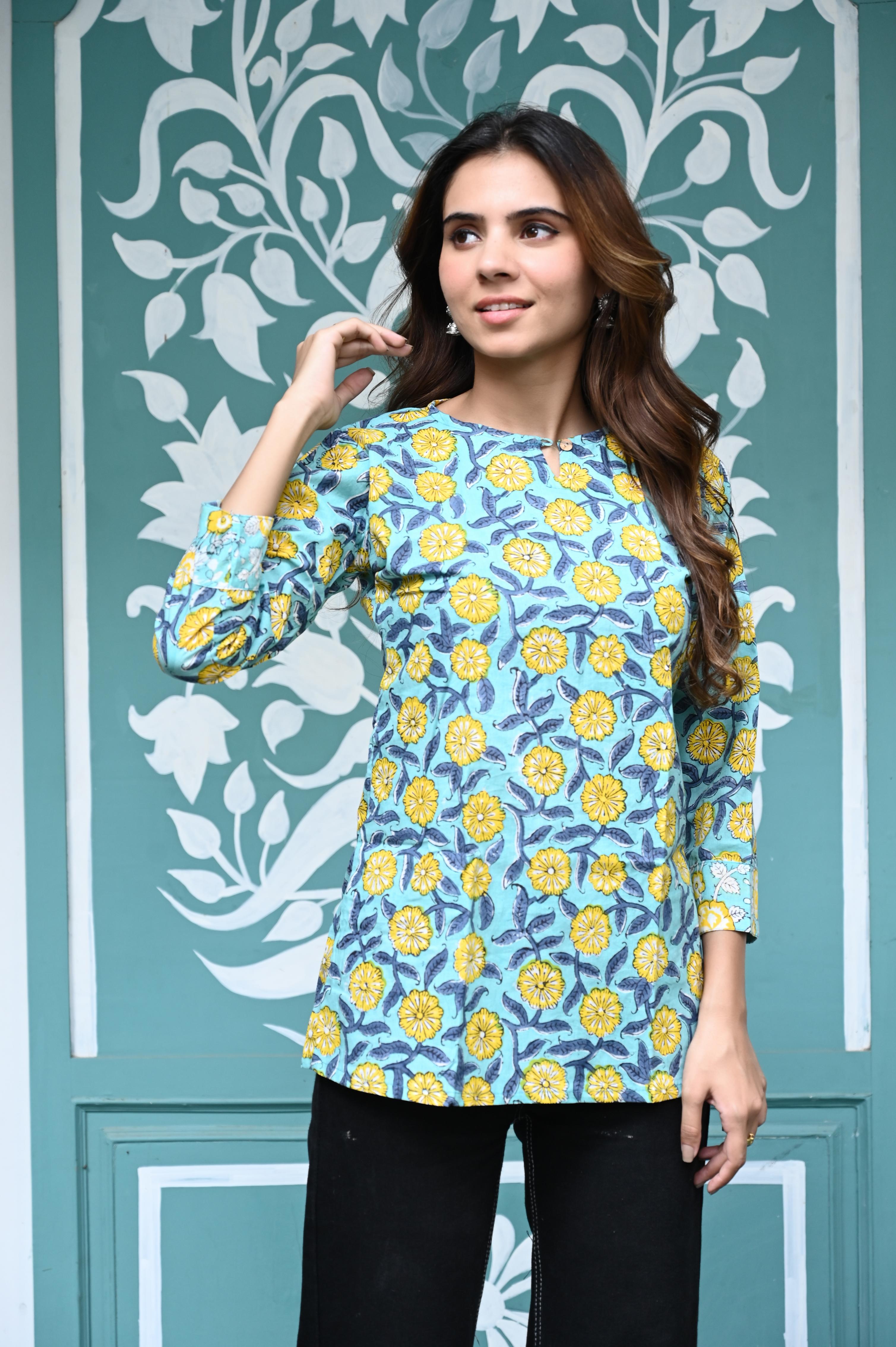 Blue Hand-Block Floral Jaal Cotton Short Kurti Top