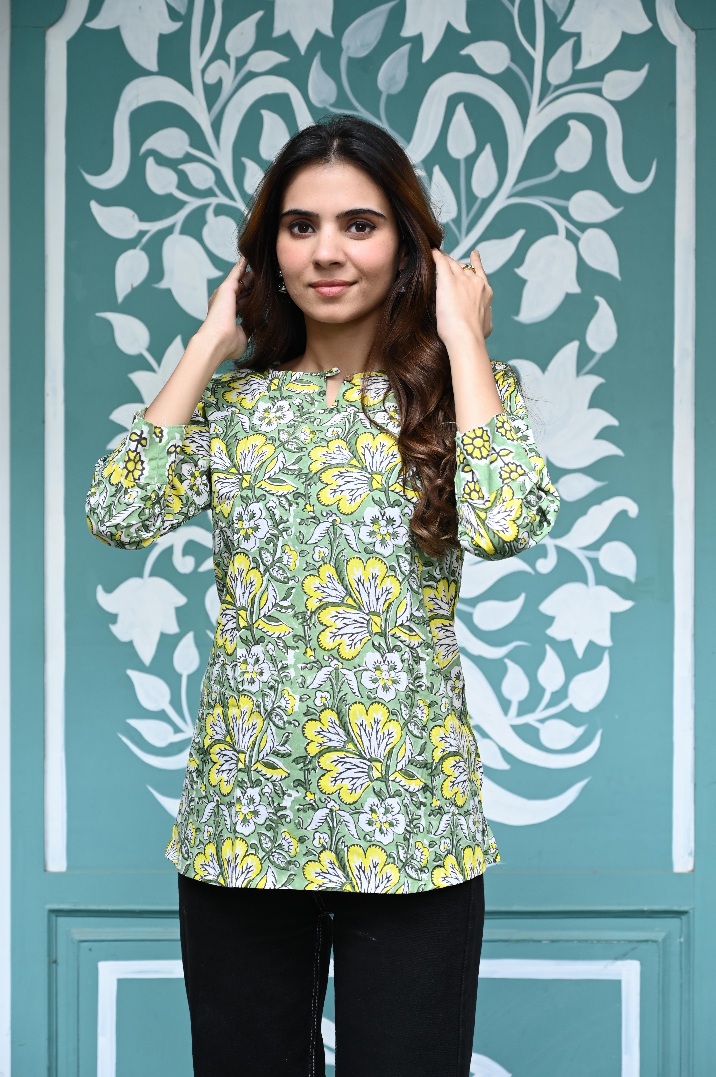 Sage Green Hand-Printed Pure Cotton Short Kurti with Floral Art