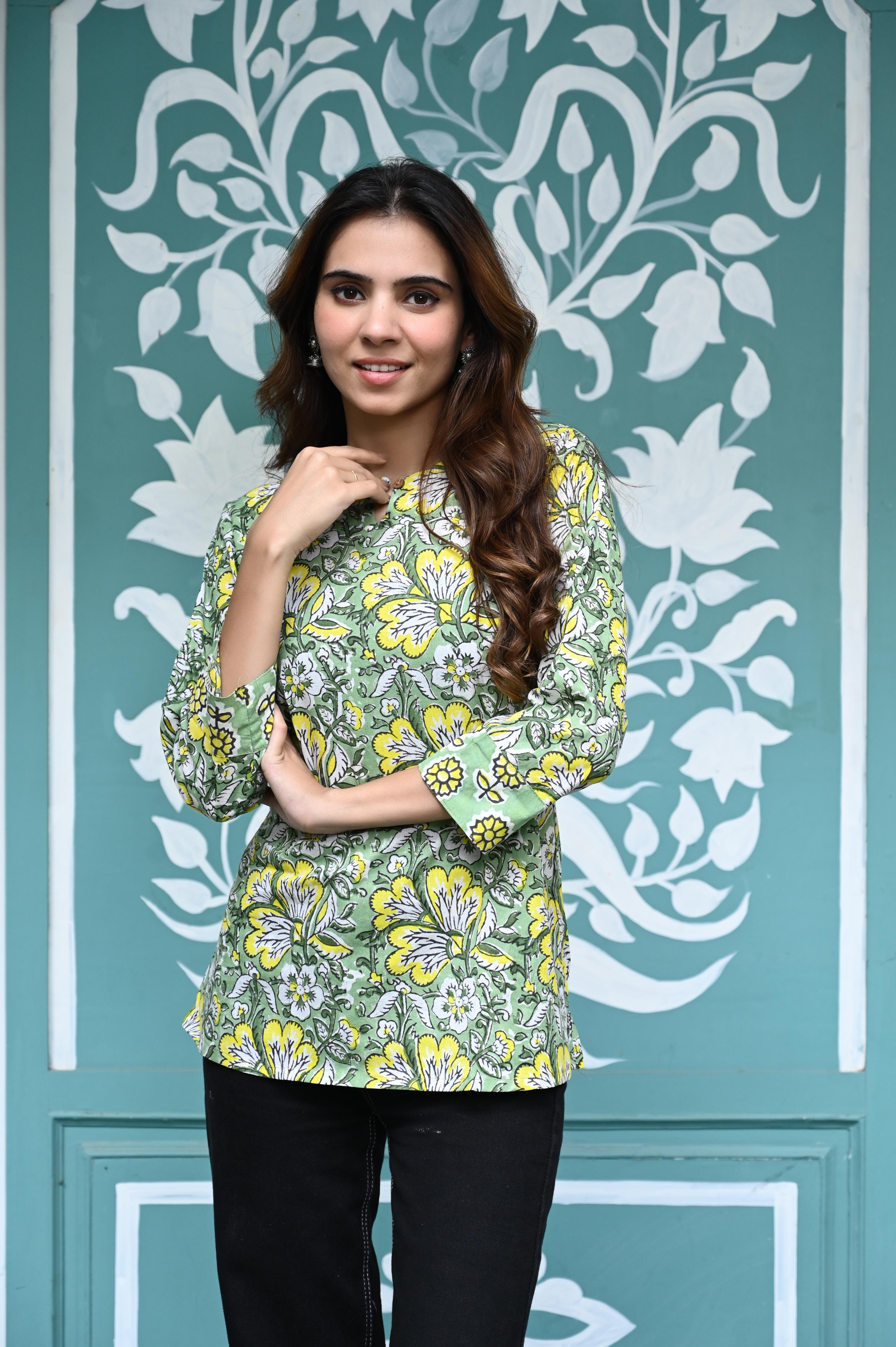 Sage Green Hand-Printed Pure Cotton Short Kurti with Floral Art
