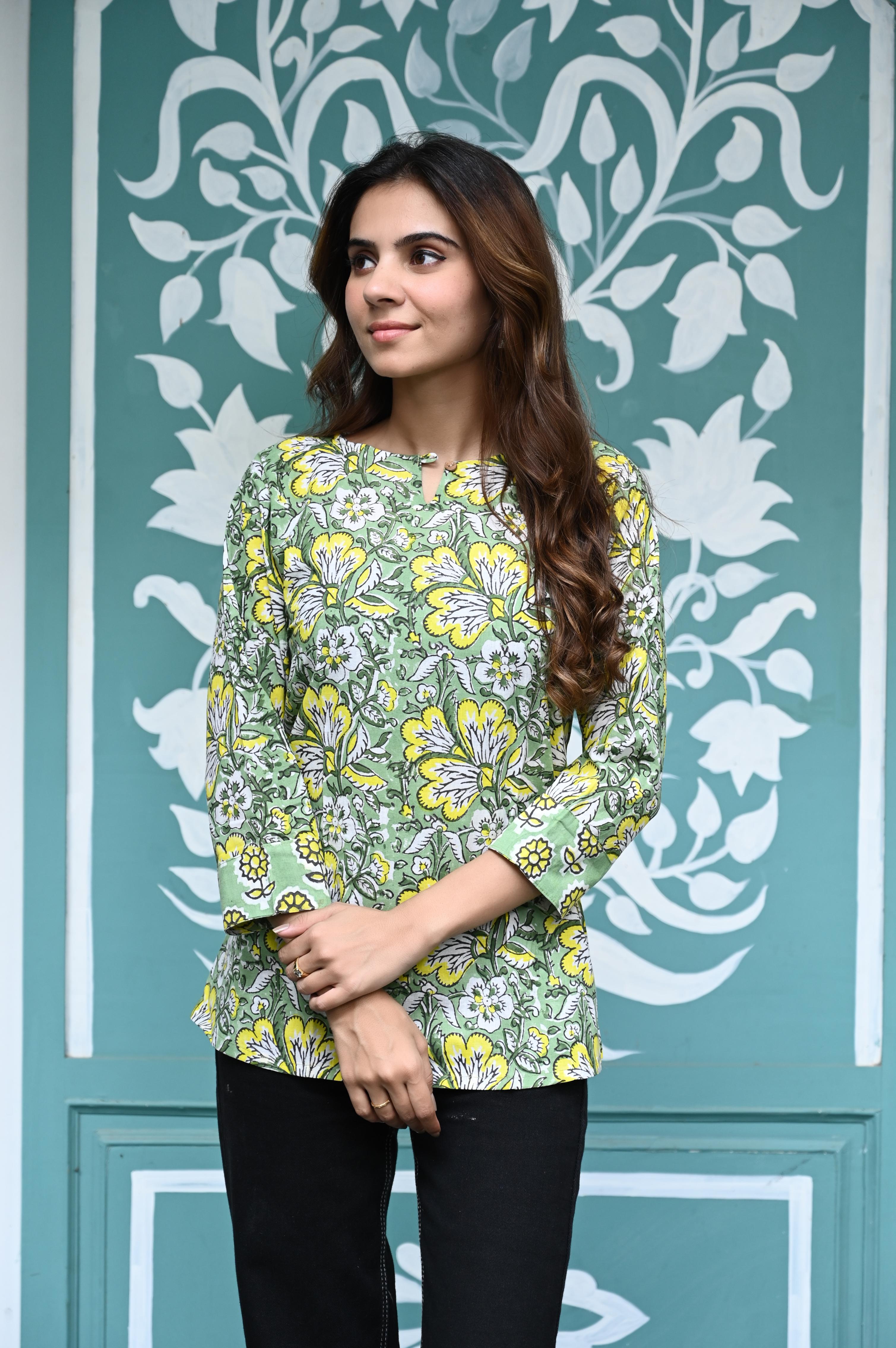 Sage Green Hand-Printed Pure Cotton Short Kurti with Floral Art