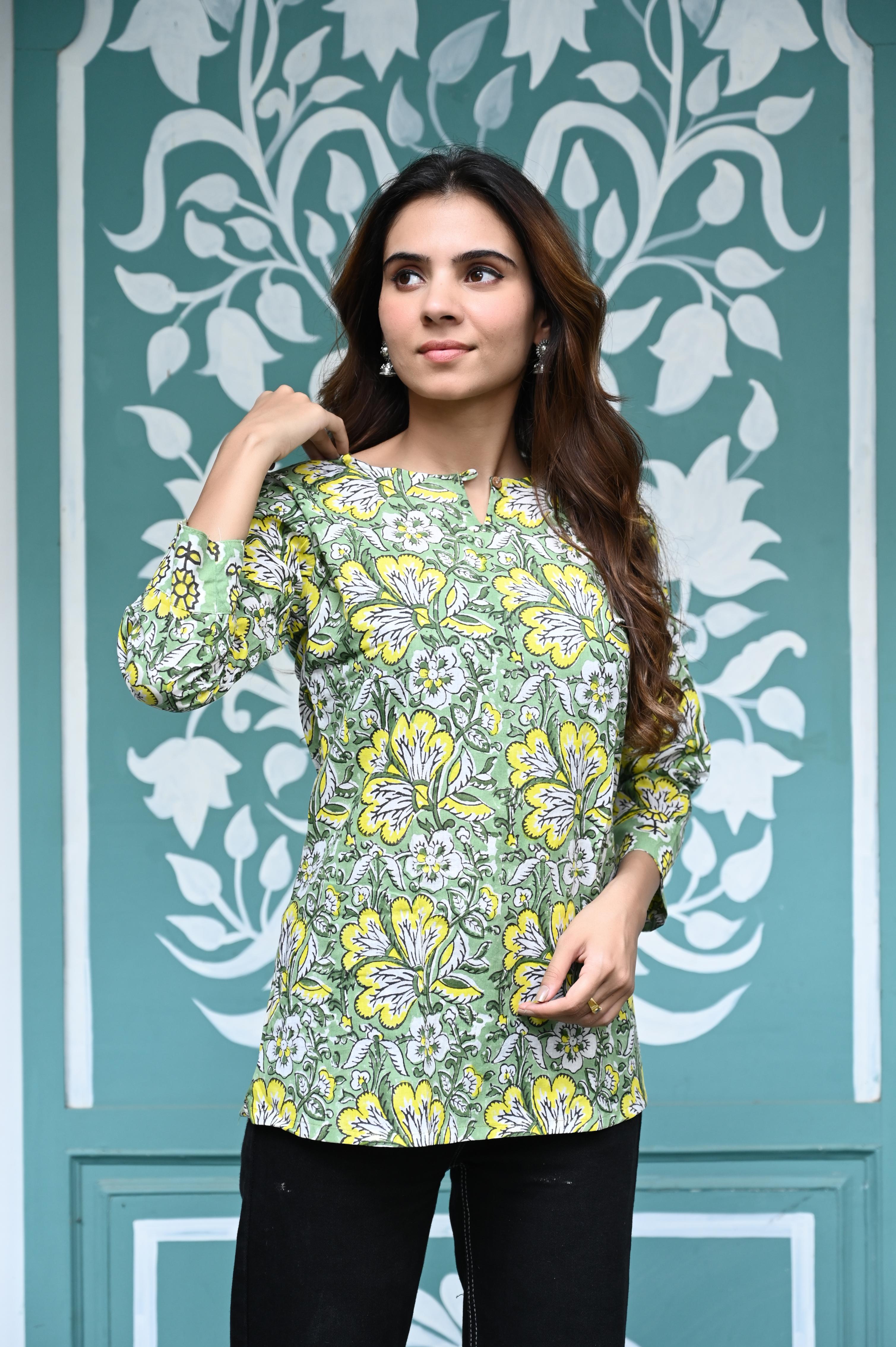 Sage Green Hand-Printed Pure Cotton Short Kurti with Floral Art