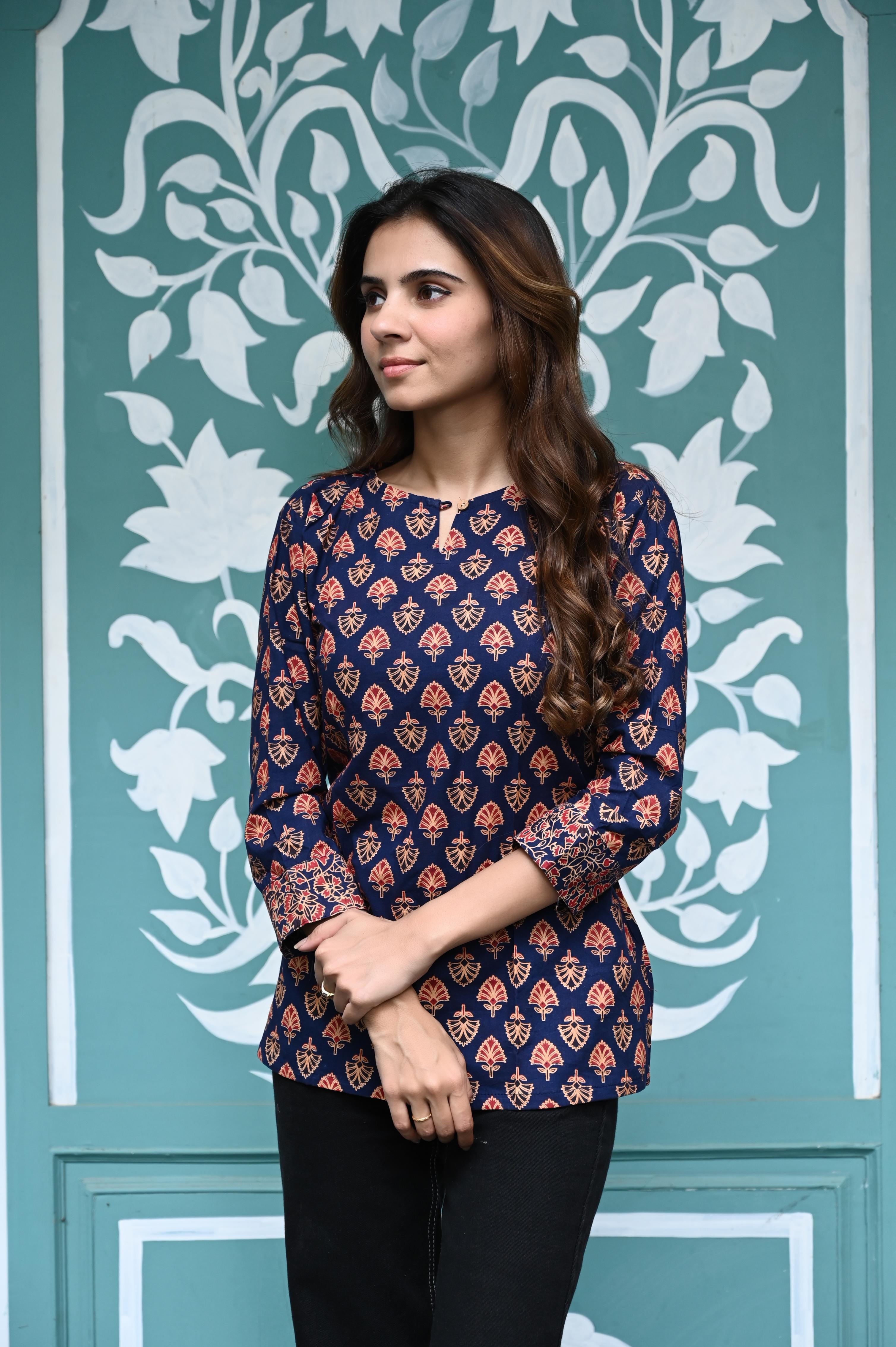 Indigo Blue Hand-Printed Pure Cotton Short Kurti with Buti Work