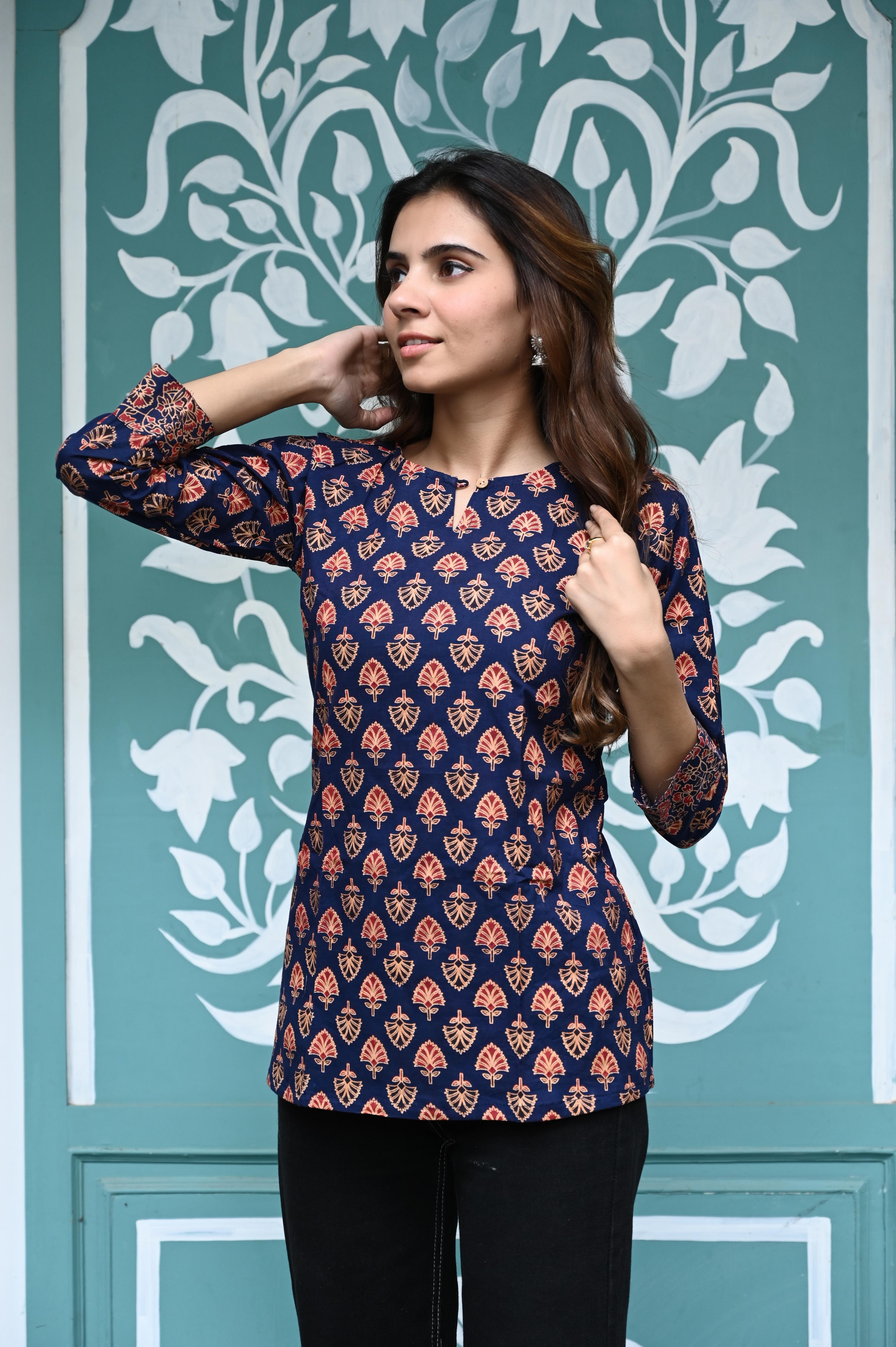 Indigo Blue Hand-Printed Pure Cotton Short Kurti with Buti Work