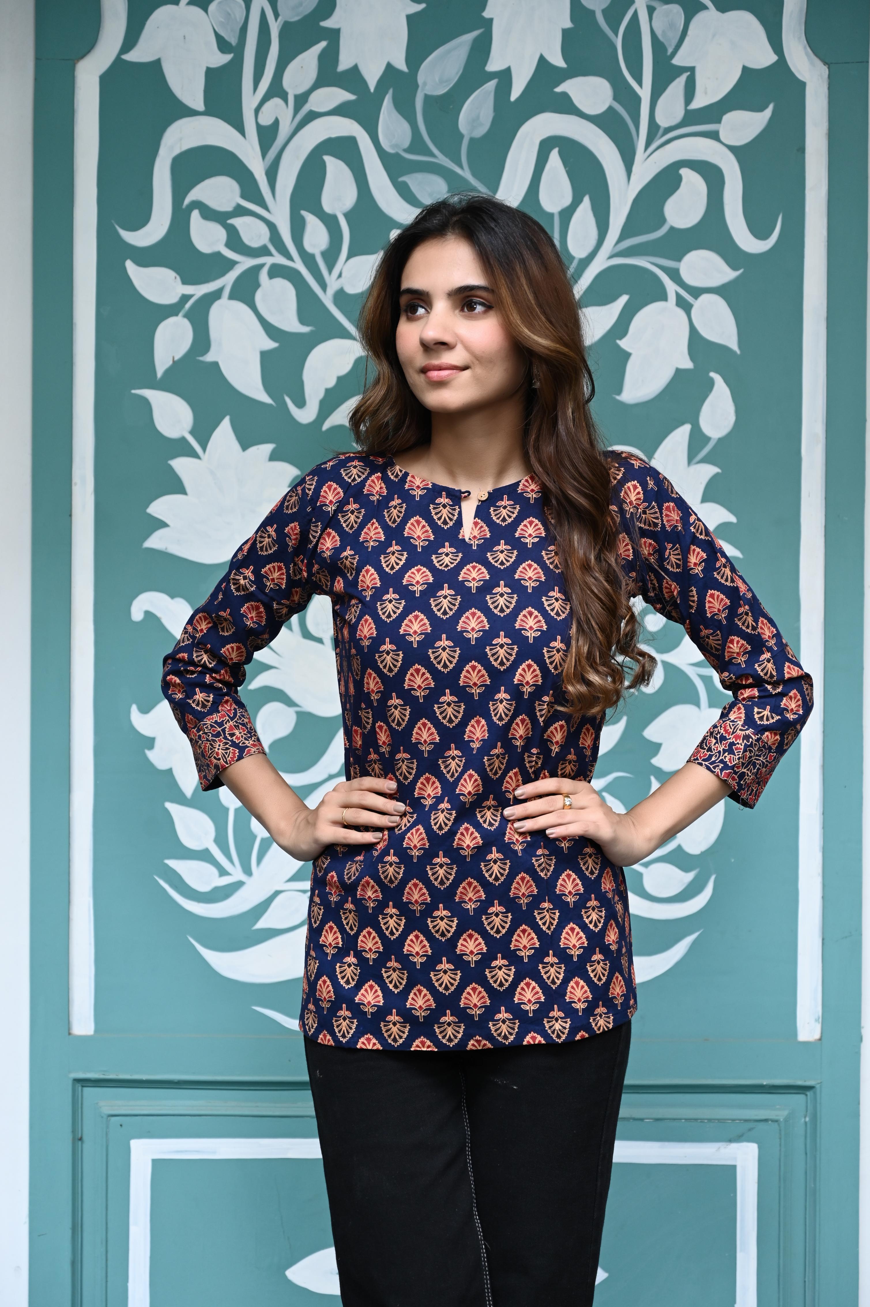 Indigo Blue Hand-Printed Pure Cotton Short Kurti with Buti Work
