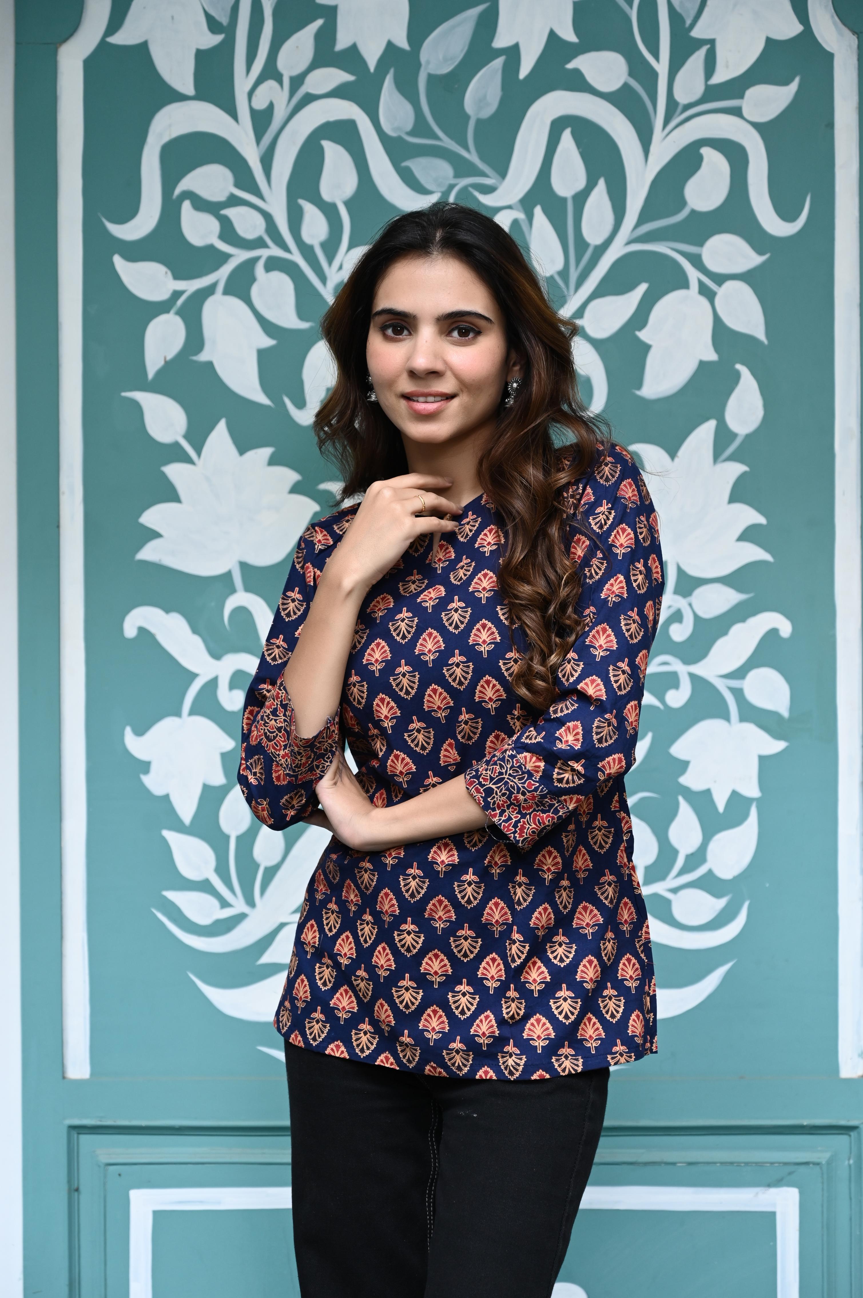 Indigo Blue Hand-Printed Pure Cotton Short Kurti with Buti Work
