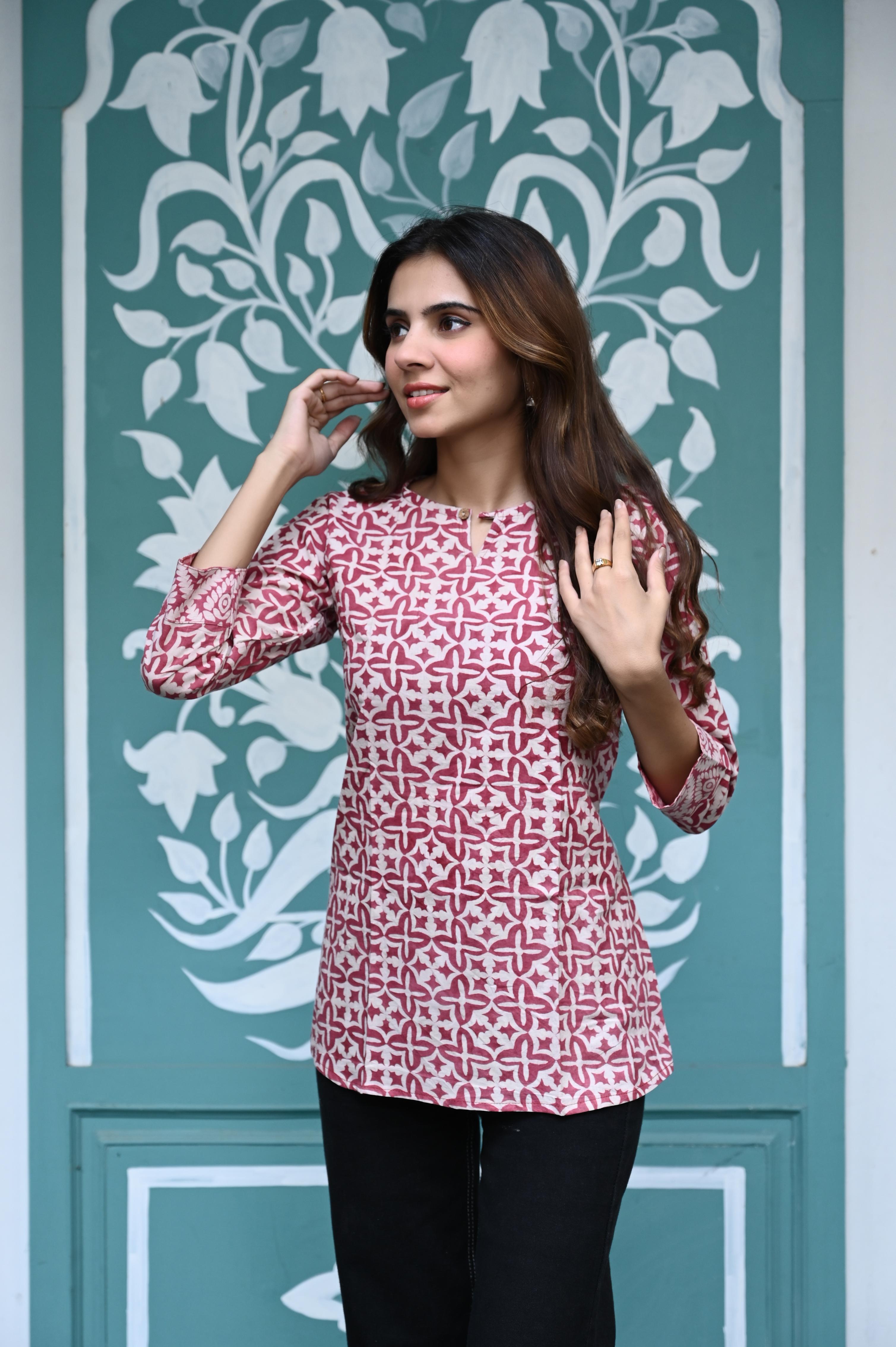 Old Rose Geometric Hand-Printed Pure Cotton Short Kurti