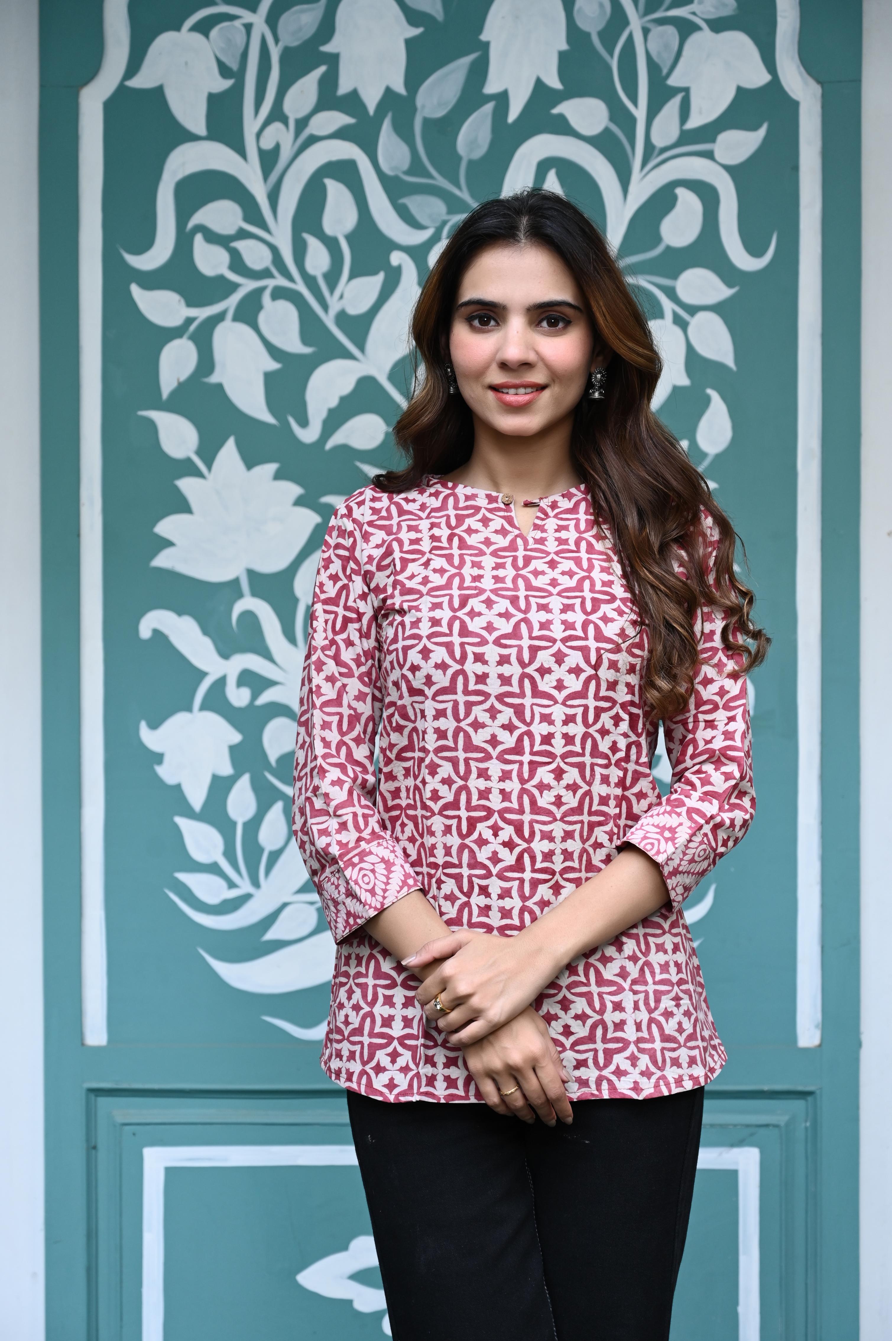Old Rose Geometric Hand-Printed Pure Cotton Short Kurti