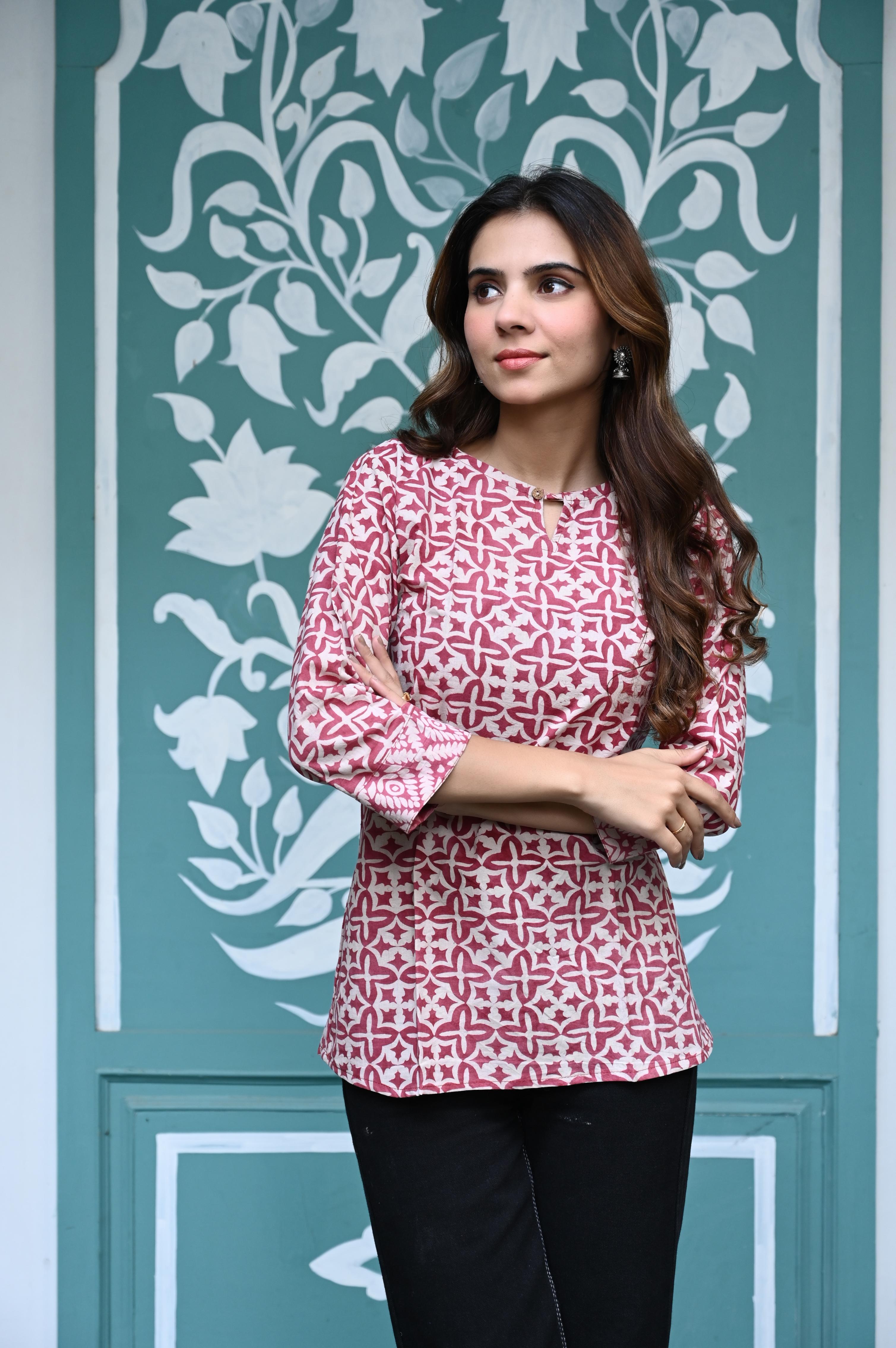 Old Rose Geometric Hand-Printed Pure Cotton Short Kurti