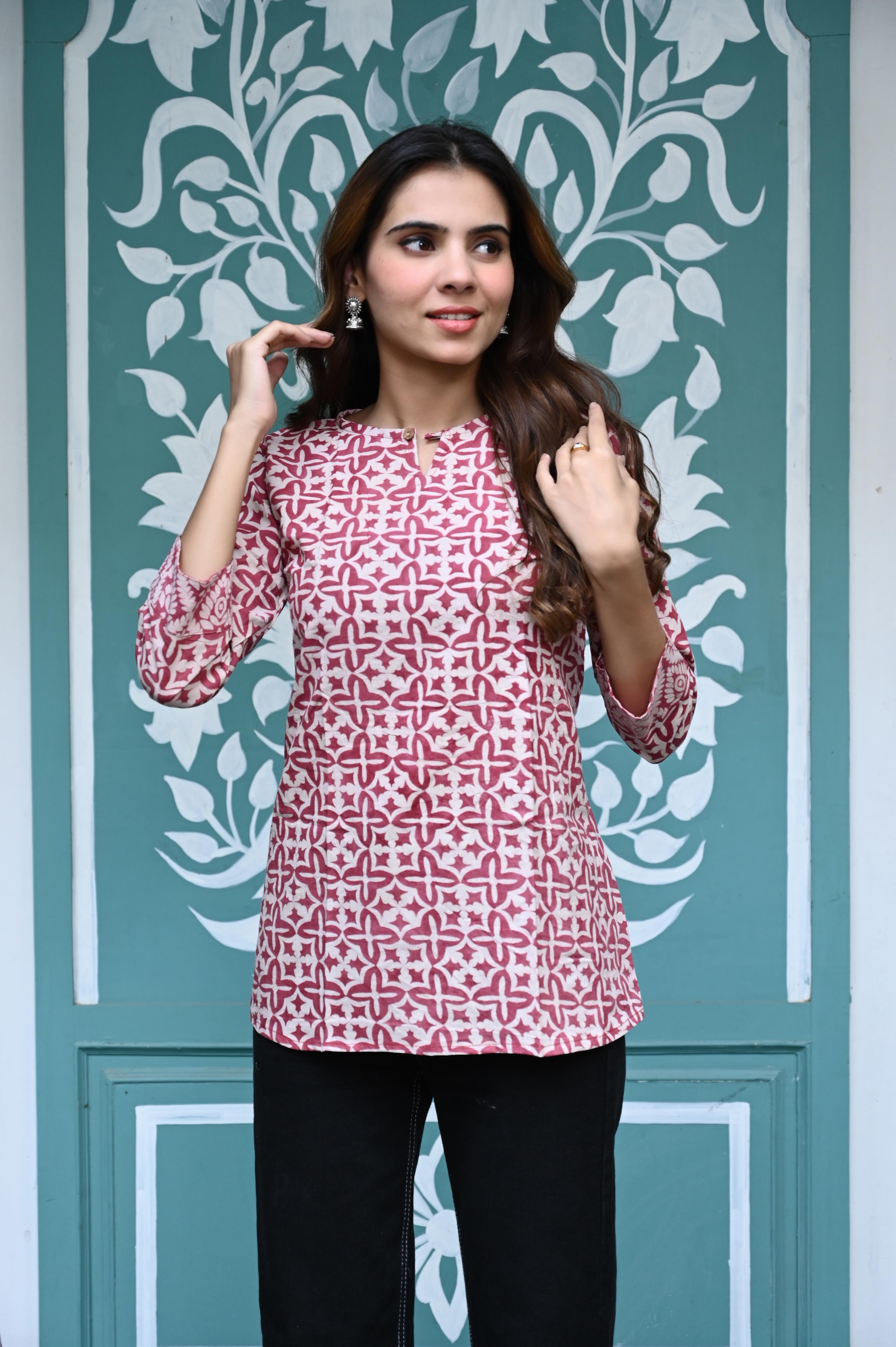 Old Rose Geometric Hand-Printed Pure Cotton Short Kurti