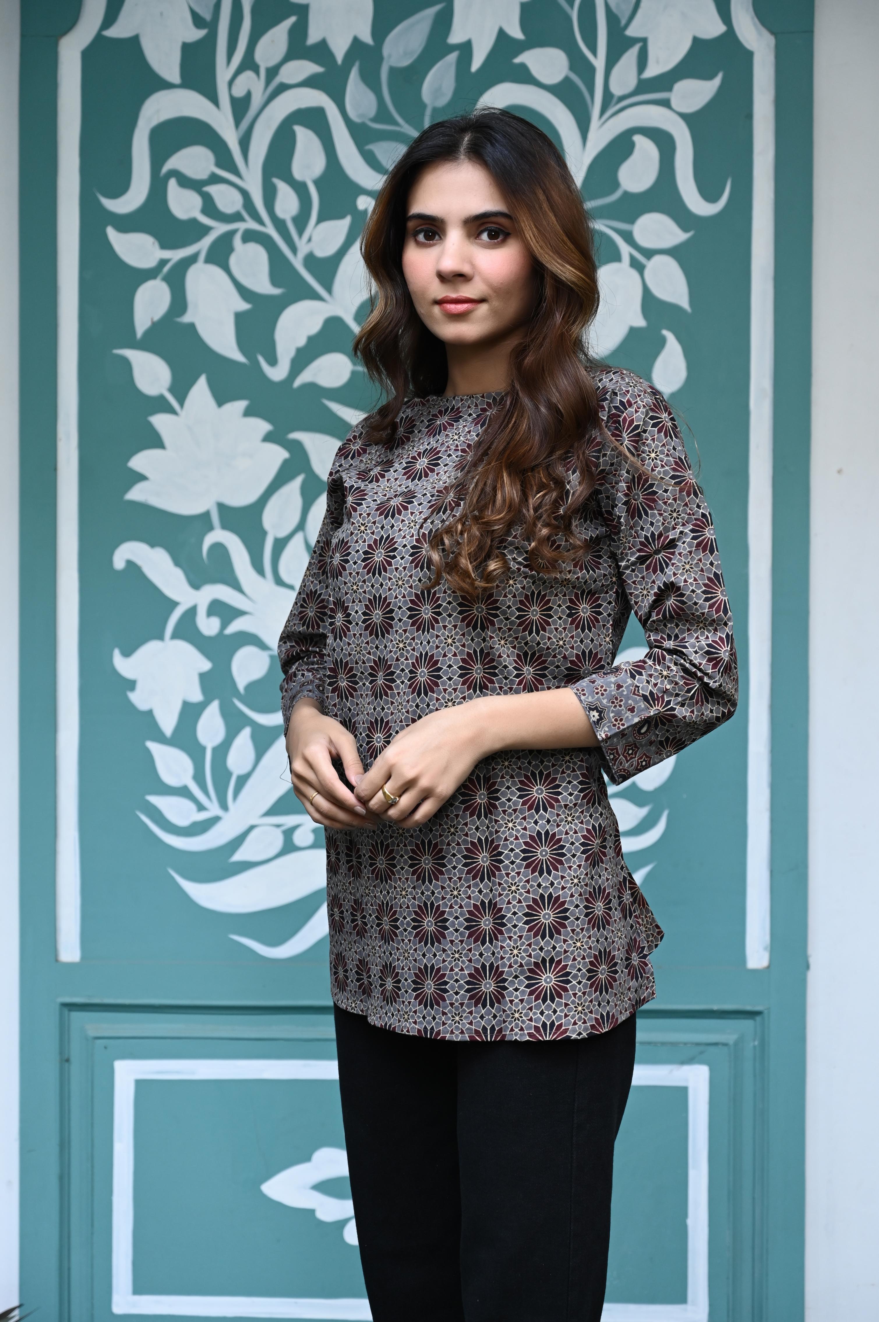 Charcoal Grey Hand-Printed Geometric Pure Cotton Short Kurti