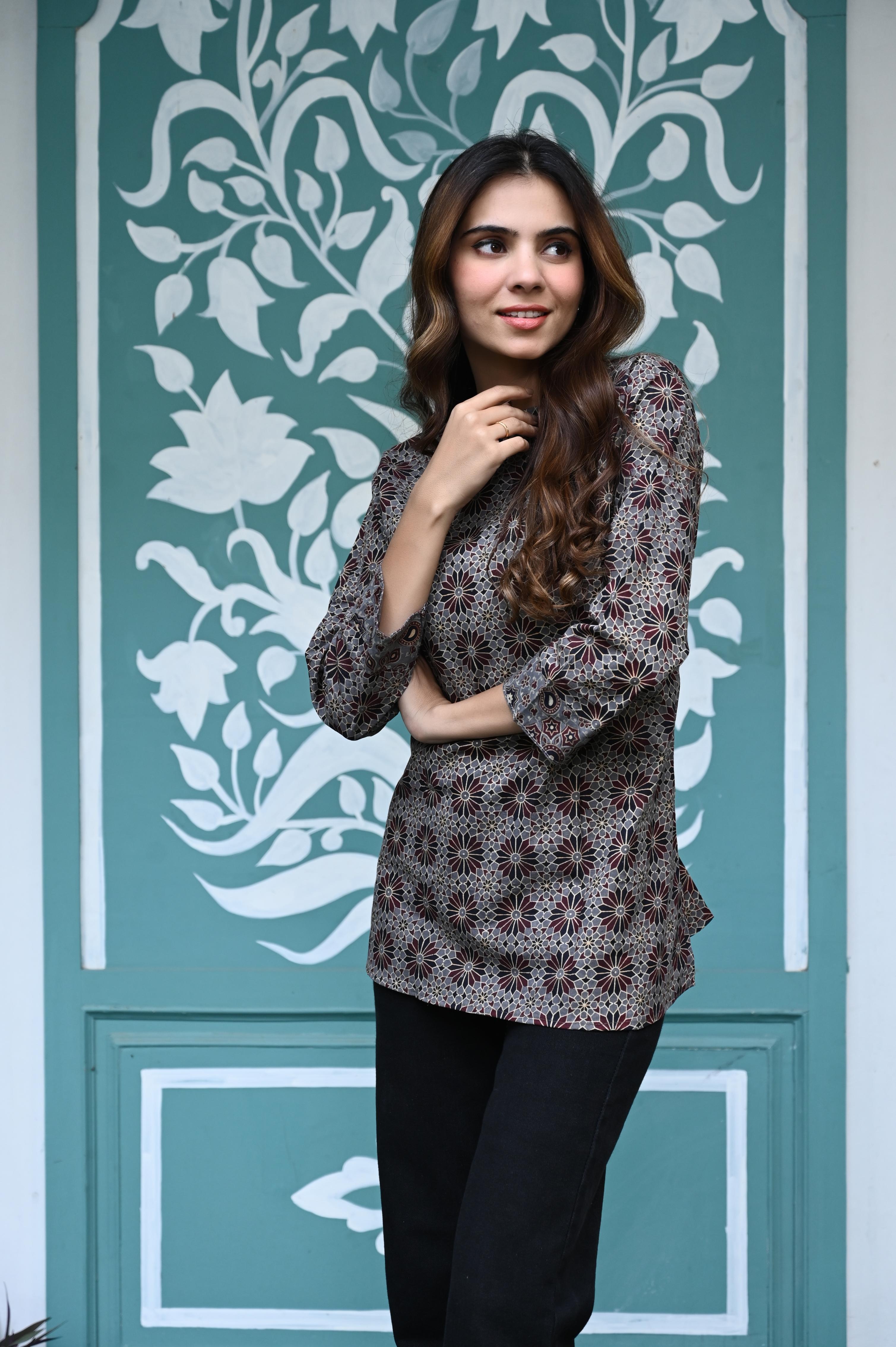 Charcoal Grey Hand-Printed Geometric Pure Cotton Short Kurti