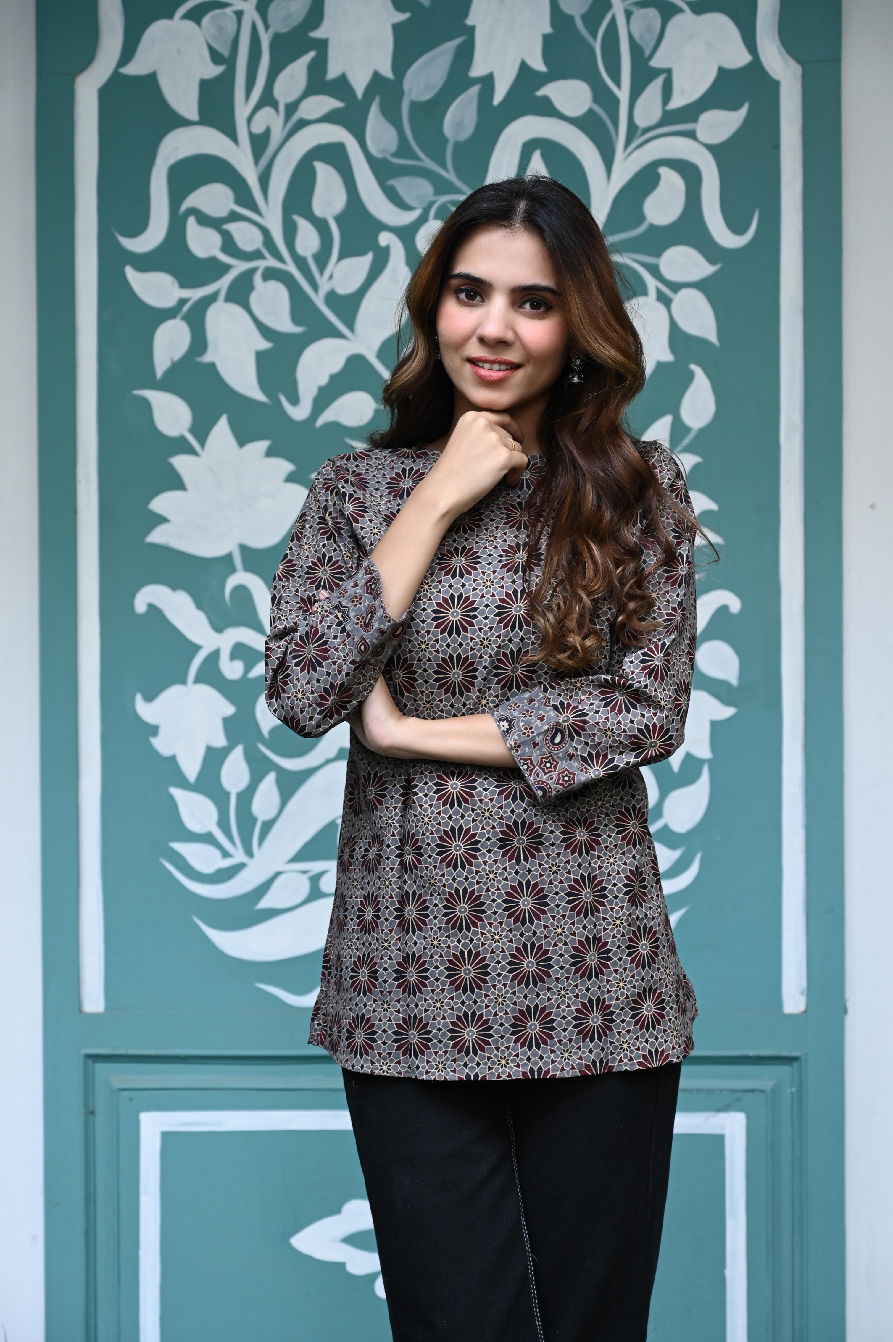 Charcoal Grey Hand-Printed Geometric Pure Cotton Short Kurti