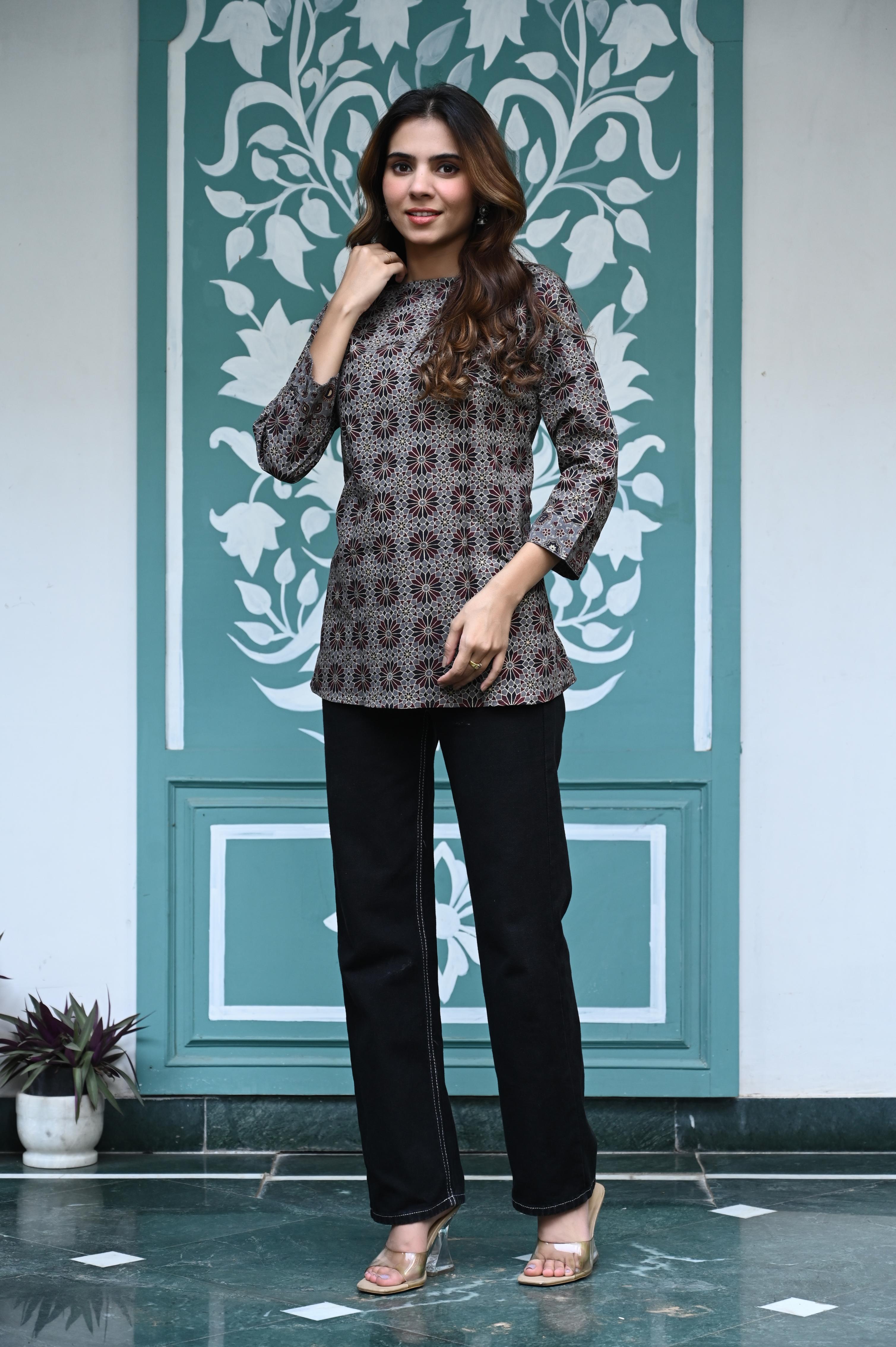 Charcoal Grey Hand-Printed Geometric Pure Cotton Short Kurti