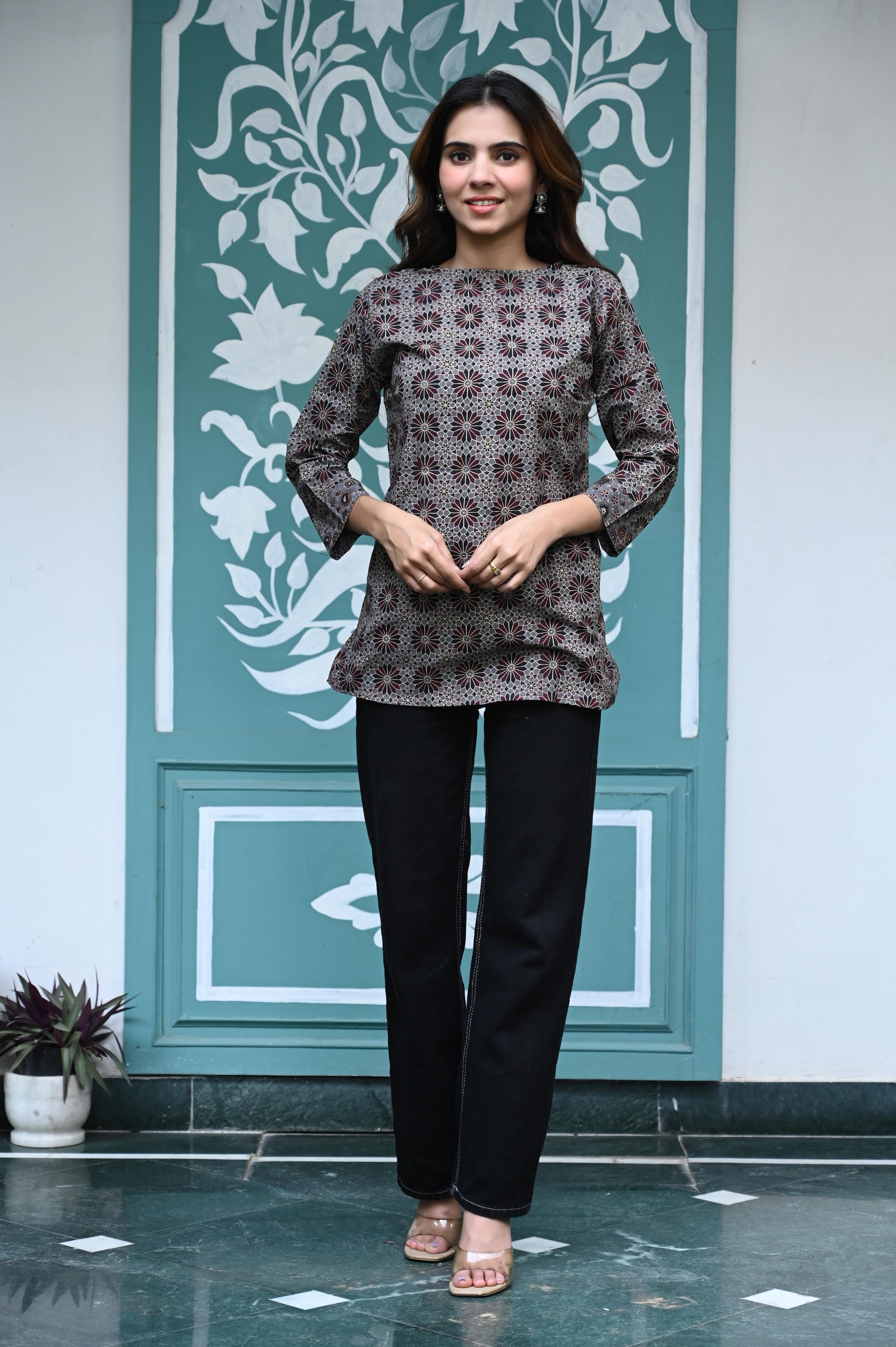 Charcoal Grey Hand-Printed Geometric Pure Cotton Short Kurti