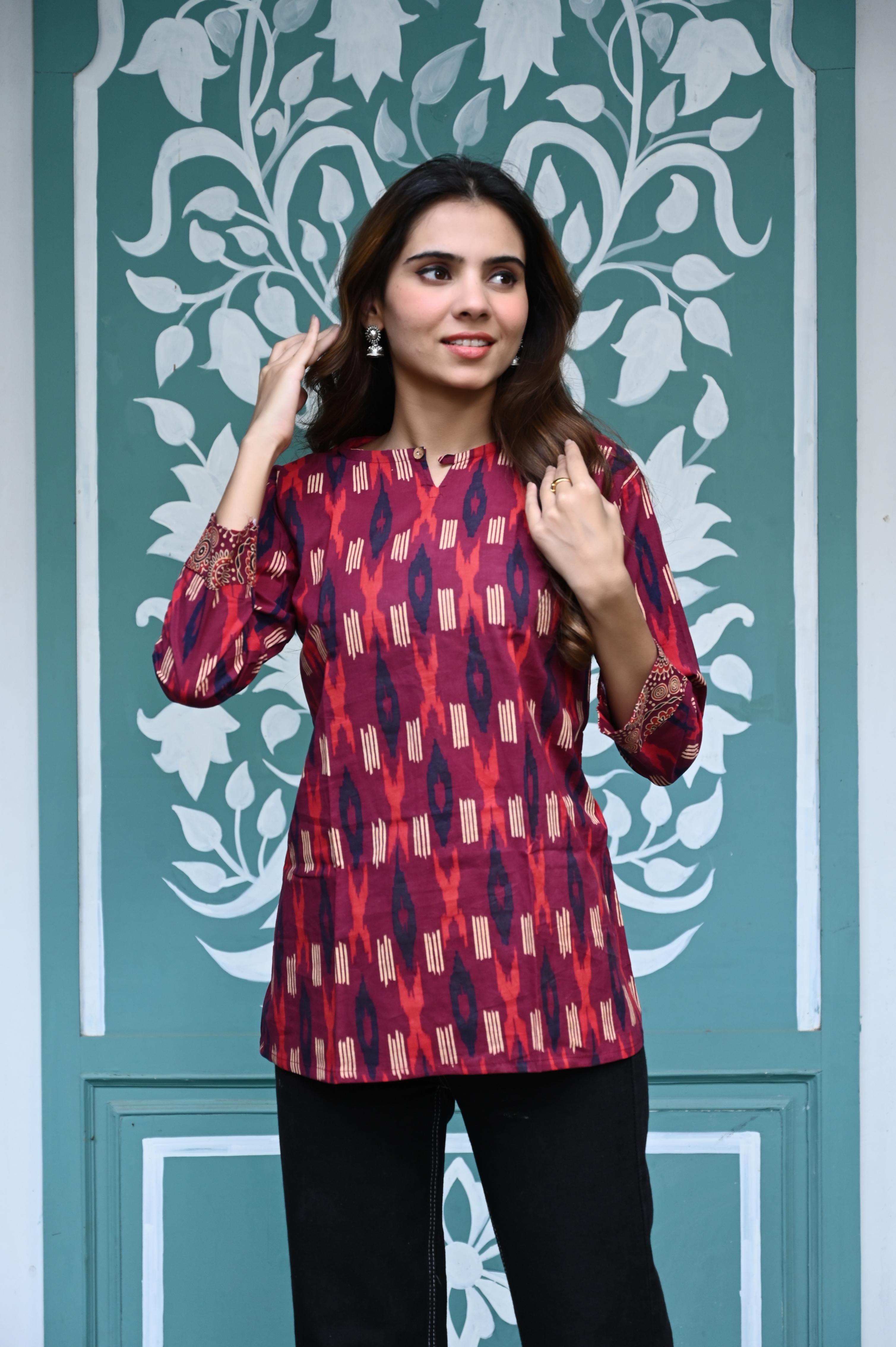 Maroon Hand-Printed Ikat Style Pure Cotton Short Kurti Top