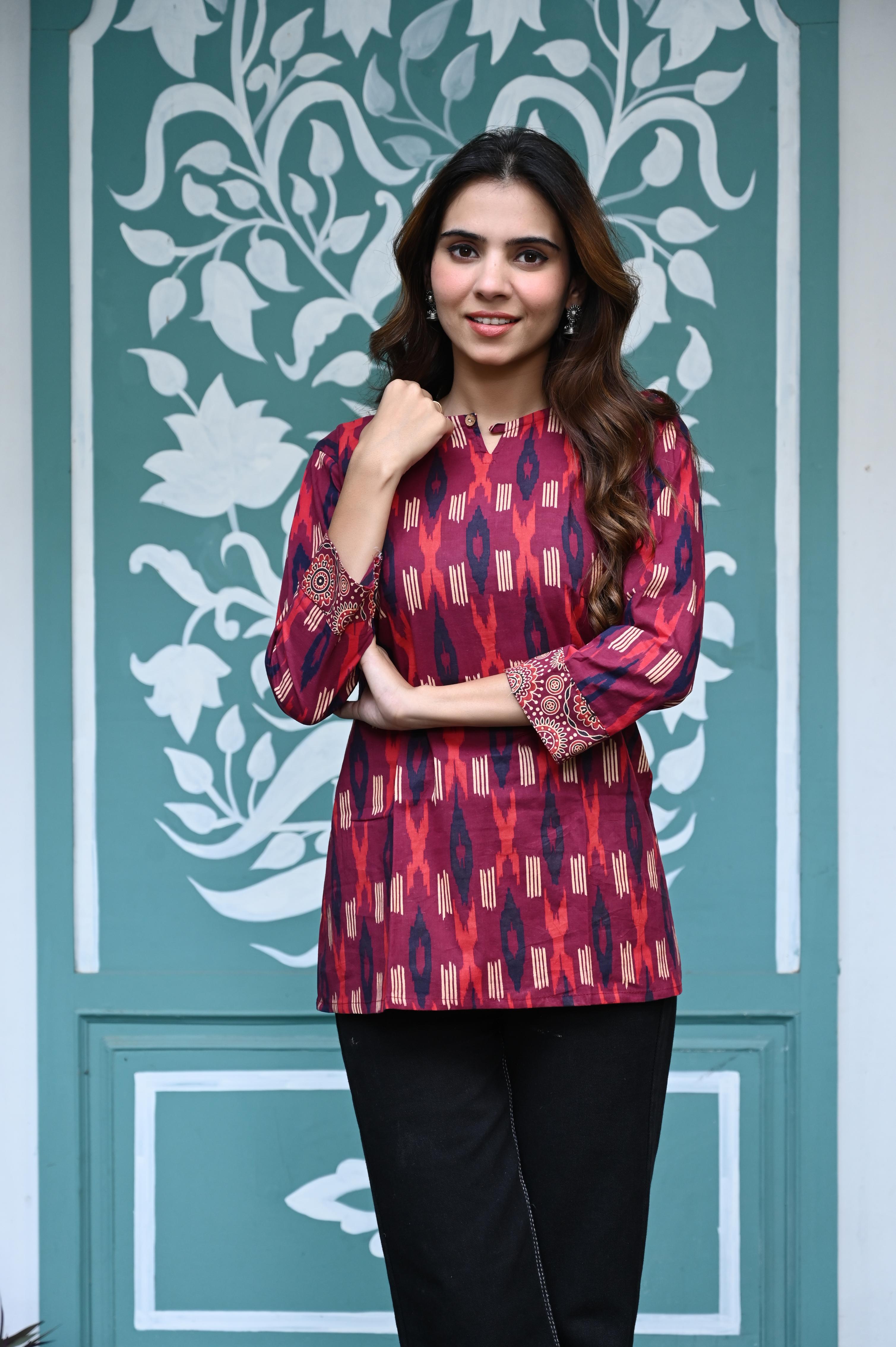Maroon Hand-Printed Ikat Style Pure Cotton Short Kurti Top