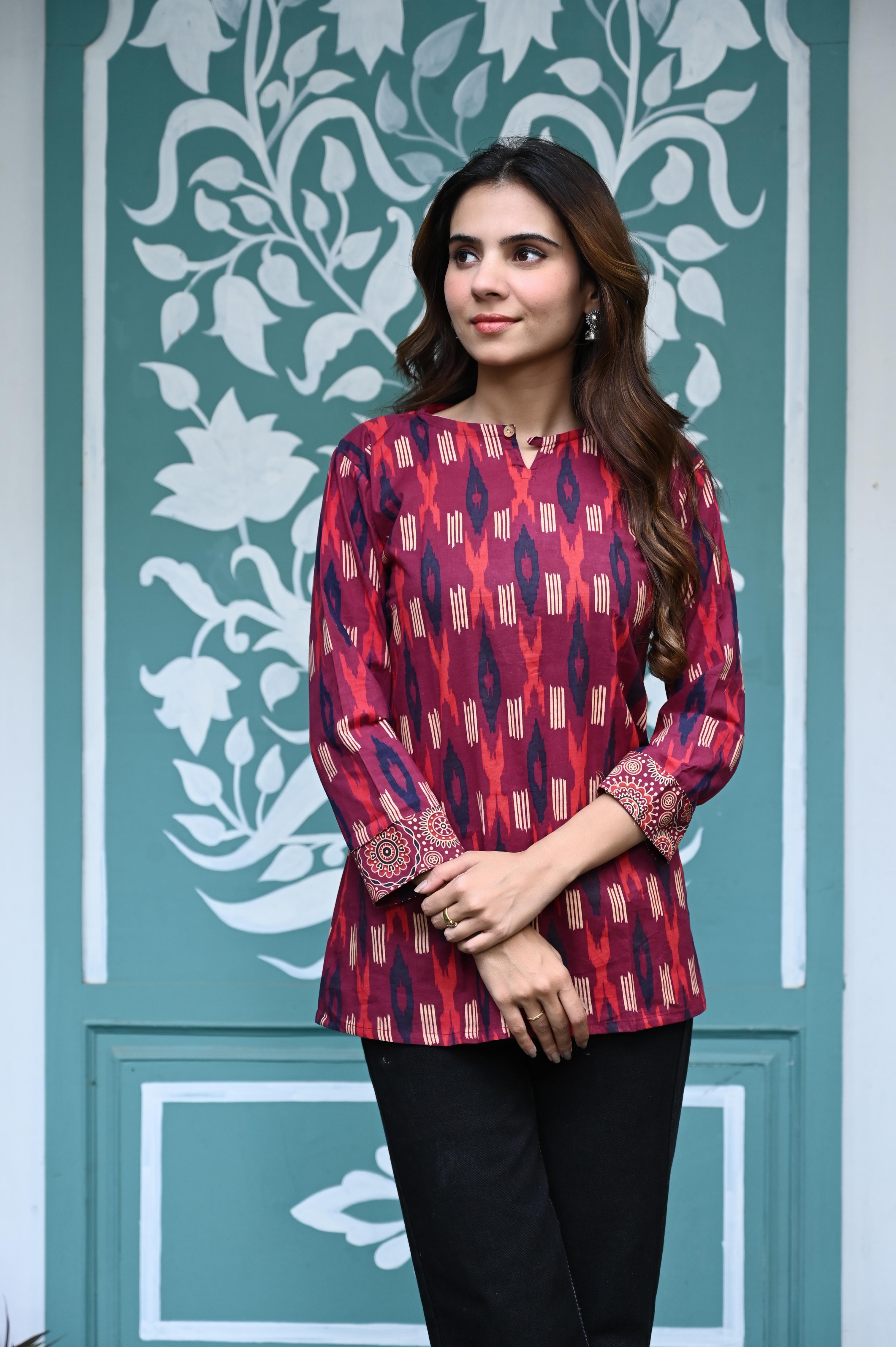 Maroon Hand-Printed Ikat Style Pure Cotton Short Kurti Top